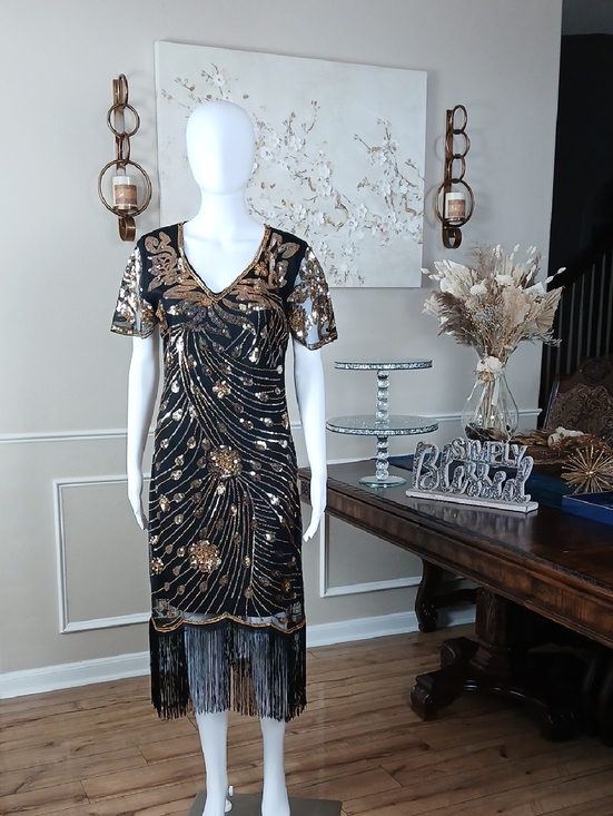 Black & Gold Art Deco Floral Cocktail Fringe V-Neck Beaded Dress New Large - Picture 8 of 16